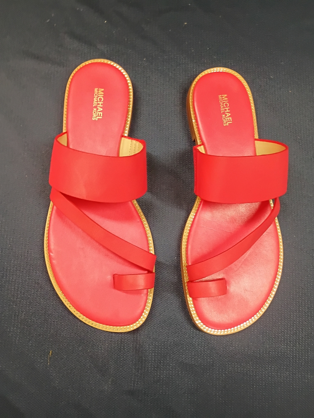 Michael Kors Pink Grapefruit Leather Strappy Slide Sandals with Gold Trim